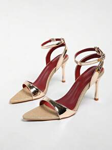 Sandalias de tacón de aguja con hebilla de rhinestone, estilo europeo y americano, de punta abierta para mujeres - Dorado - Ver 6