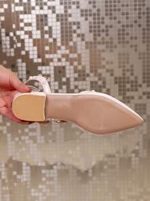 Women's High Chunky Heel Sandals, Pointed Toe Fashion Versatile Elegant Pearl Decor Buckle Strap Slides - Beige - View 2