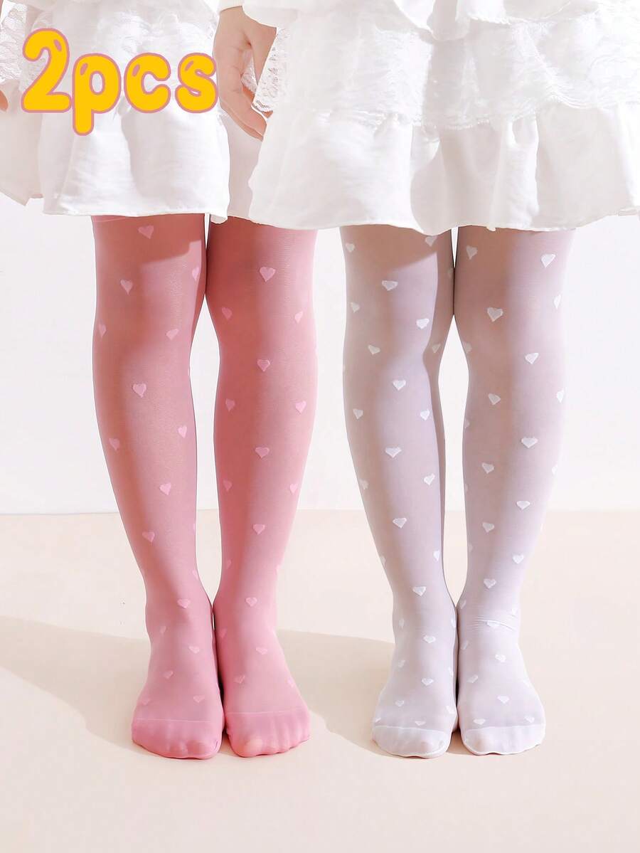 2条装女婴爱心图案打底裤，甜美风格，高弹高密度，春夏踩脚裤 - 彩色 - 查看 1