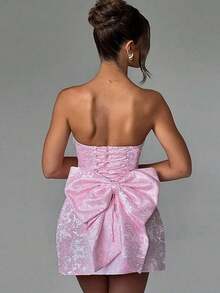 Valentine's Day Jacquard Strapless Tube Top Back Big Bow Ruched Waist Mini Party Dress - 粉色 - 查看 5