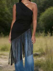Women's One Shoulder Tank Tops Sleeveless Solid Color Ruched Tassel Hem Slim Fit Vest - Negro - Ver 4