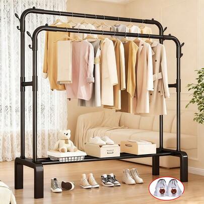 Heavy Duty Black Metal Clothes Rail Sturdy Double Hanging Storage Shelves 4 Coat Hooks Freestanding For Bedroom Office Shop Clothing Coats Bags Shoes Boots