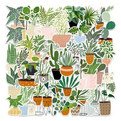 44张时尚植物盆栽贴纸，适用于手机壳、记事本、笔记本、笔记本电脑装饰