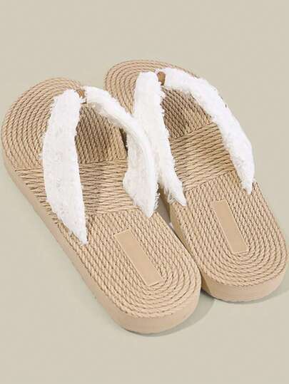 Women's Elegant Solid Color Thong Sandals With Fuzzy Trim, Neutral Casual Beach Flip Flops For All Seasons