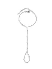 1枚女士珍珠链戒指，简约时尚新娘婚礼手部装饰，百搭配饰 - 銀色 - 查看 4