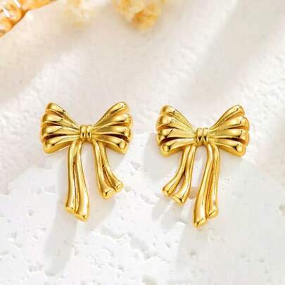 2pcs Fashionable Elegant High-End Stainless Steel Earrings With Ribbon Bow Extension, Suitable For Women's Daily Casual Wear, Bride Wedding Party, Eid Festival, Fashion Jewelry Earrings