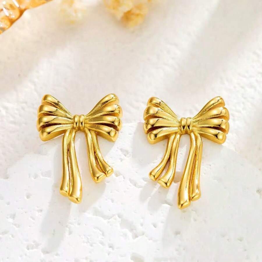 2pcs Fashionable Elegant High-End Stainless Steel Earrings With Ribbon Bow Extension, Suitable For Women's Daily Casual Wear, Bride Wedding Party, Eid Festival, Fashion Jewelry Earrings - Gold - View 1