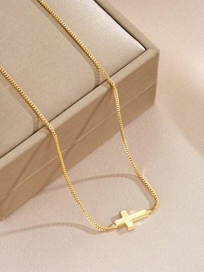 1pc 304 Stainless Steel Gold Mini Cross Pendant Necklace, Women Sweater Clavicle Chain Accessory, Valentine's Day Gift
