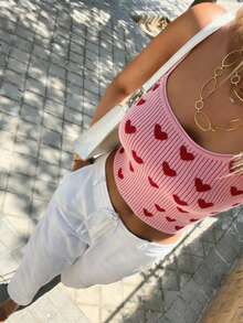 FOR BEAUTY Valentine's Day Pink Heart Pattern Knit Camisole, Fashionable Beach Outfit For Women, Spring/Summer New Arrival, Comfortable Casual Date/Beach Vacation Wear, Versatile Lightweight Knit Top For Daily/Commute - Pink - View 2