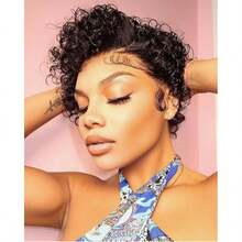 bling hair 6 Inch Pixie Cut Wig Human Hair Short 13x4x1 Curly Lace Front Human Hair Wigs For Women 150% Density C Part Human Hair Wig Chic Elegant Short Curly Wigs Layered Breathable Natural Color Pixie Wig - Natural Black - 查看 10