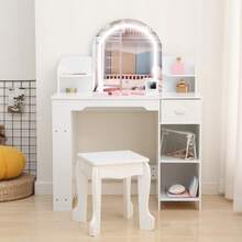 Tocador de Princesa Iluminado con Espejo para Niñas – Mesa de Maquillaje de Madera con Estantería, Cajón, Estantes y Banco – Mueble de Almacenamiento Elegante para Dormitorio o Cuarto de Juegos - Color: Blanco con accesorios. - Ver 2