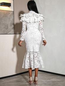 Women Elegant White Lace Mermaid Midi Dress With Mock Nock Long Sleeve Perfect For Evening Party Wedding Guest - White - View 3