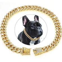 Curved Diamond-Studded Pet Dog Collar With Safety Clasp, Artificial Diamond Cuban Link Dog Necklace - Multicolor - View 1