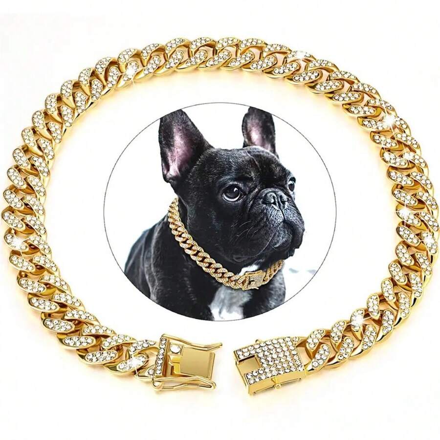Curved Diamond-Studded Pet Dog Collar With Safety Clasp, Artificial Diamond Cuban Link Dog Necklace - Multicolor - View 1