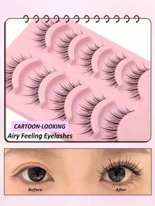 5 Pairs Natural Thin Transparent Stem Korean Fluffy Faux Mink Lashes, Soft Handmade Lashes Fit Eyes Doll-Like Sweet Eye Makeup - Black - View 6