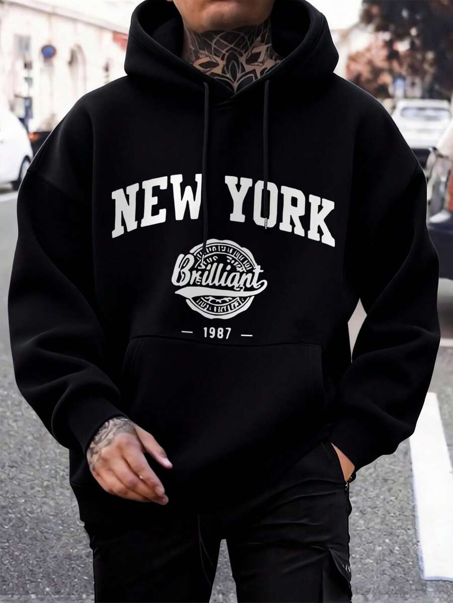 Áo hoodie nam phong cách thường ngày, họa tiết đường phố New York, túi kangaroo, dây rút, lót giữ nhiệt, thích hợp cho mùa Thu/Đông. - màu đen - Xem 1