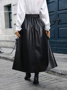 Falda de cuero PU de cintura alta de unicolor para mujer, falda elegante de línea A, falda casual negra, falda de cuero para citas, falda negra, falda para fiesta, falda de cumpleaños para mujer, ropa de invierno - Negro - Ver 3