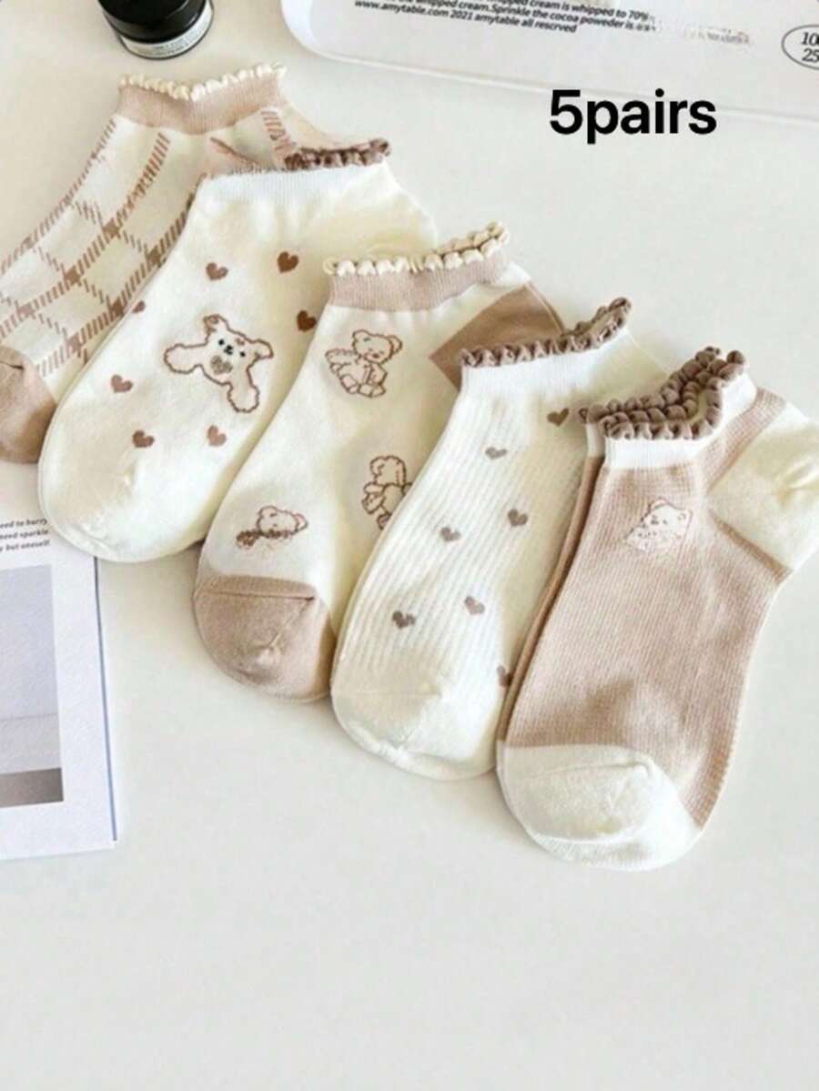 5 đôi tất cổ ngắn thoáng khí họa tiết gấu và trái tim dễ thương dành cho nữ - Nhiều màu - Xem 1