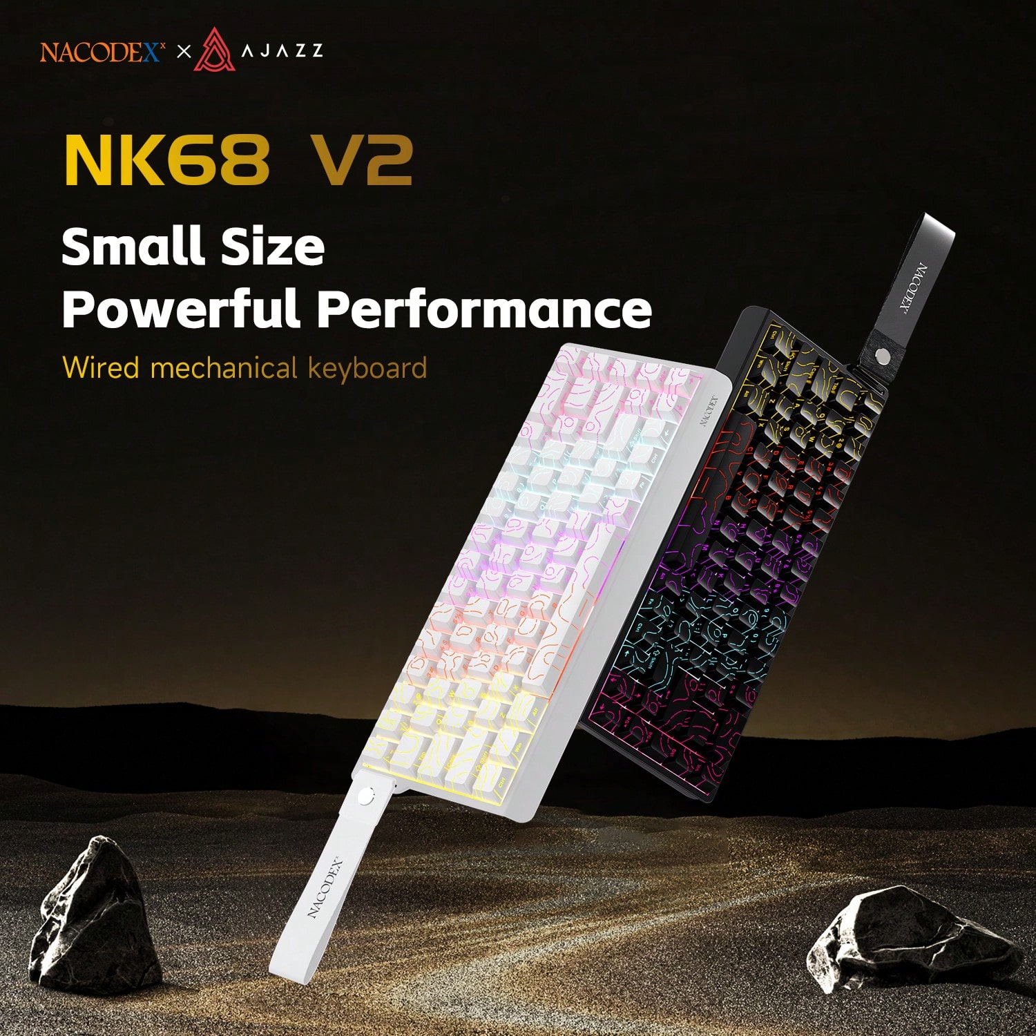 AJAZZ NK68 V2 Wired Mechanical Keyboard, Supports Full Key Swappable, Multi-Layer Structure, 17 Mixed Color Lighting Effects, Ribbon Design Portable, Convenient Office/Gaming Shortcut Keys