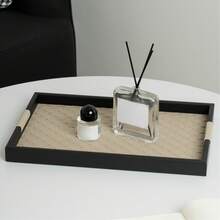 1pc Metal & Leather Woven Storage Tray, Minimalist Style Bathroom Towel Holder, Tabletop Cosmetic Lipstick Organizer, Bedroom Fragrance & Aromatherapy Display Plate, Living Room Entryway Decorative Catchall Tray, Available In Apricot & Black - Apricot - View 4