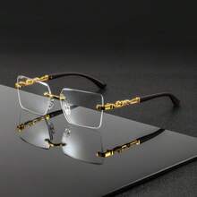 1 Pair Men's Metal Square Frameless Vintage Casual Elegant High-End Fashionable Glasses - 濃金雙灰木紋腳 - 查看 6