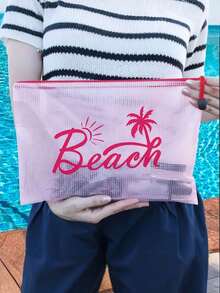 时尚防水PVC沙滩包，彩色字母印花 - A4尺寸，透明化妆包，尼龙拉链，游泳、潜水和夏季度假的理想之选 - 轻便，男女老少皆宜，沙滩包配件，旅行必备，旅行好物，假日必备，假日旅行包，化妆间装饰 - 彩色 - 查看 4