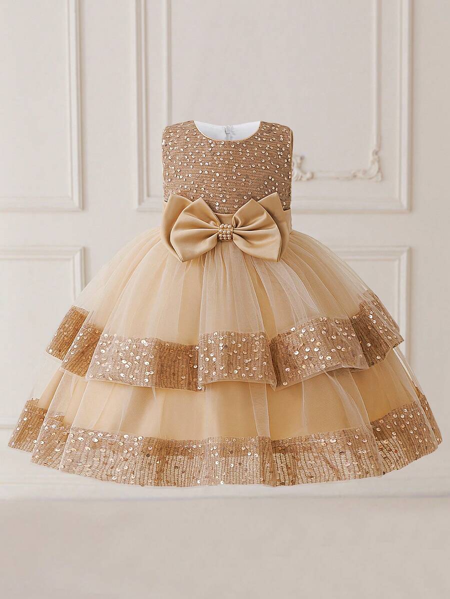 Young Girls Sequin Bow Mesh Elegant Princess Tutu Dress, Suitable For Ball, Headband Not Included - Champagne - View 1