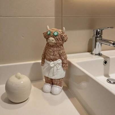 1pc Cute Highland Cow Bathroom Countertop Decor Figurine With Towel Skirt, Adorable Vanity Accessory