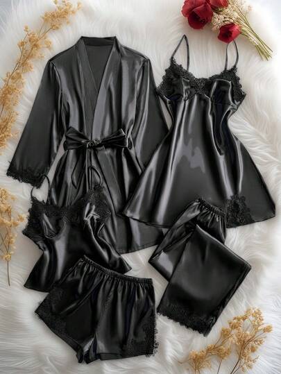 Conjunto de pijama de satén de seda para mujer, 5 piezas, conjunto de lencería suave y cómodo, con ribete de encaje + pantalones cortos + vestido de noche + pantalones + bata de dormir