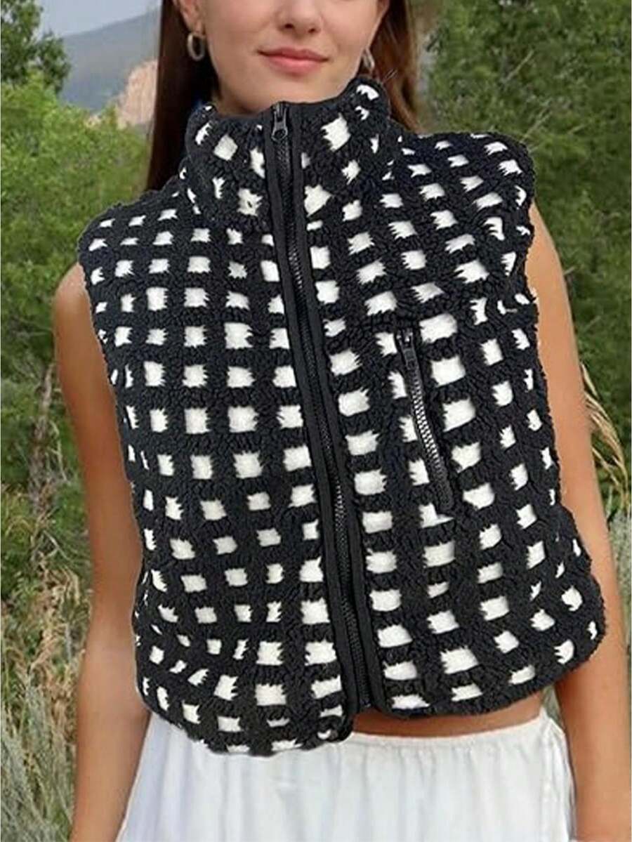 Womens Fuzzy Checkered Vest Sleeveless Stand Collar Zip Up Vest Jacket Winter Warm Outwear - 黑色 - 查看 1