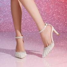 Nouveaux sandales de soirée de luxe et sexy faits main avec incrustation de perles blanches et de diamants charmants. Brides croisées pour boîte de nuit et fête - Blanc - Voir 2