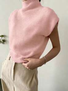 Plus Size Versatile Minimalist Spring/Summer New Casual Fashion Pink High Neck Sleeveless Sweater, Fashionable And Versatile, Suitable For Brunch Outfit - Pink - View 5