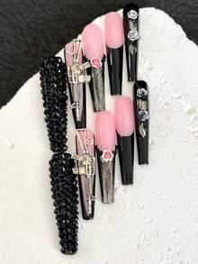 10 Stück extra lange handgefertigte französische Maniküre Nagel Aufkleber, dekoriert mit 3D Strass, Blumen und Spielzeugpistolen Mustern, entworfen für Mädchen, einfach zu tragen, geeignet für Partys und täglichen Nagellack Gebrauch - Schwarz - Übersicht 12