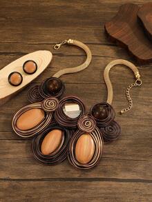 夸张多层手工编织重铝丝树脂链波西米亚欧美中东韩版晚宴派对假日女士时尚精美复古水滴项链耳环