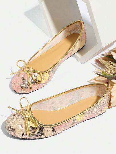 Plus Size Gold Bow Tie Flat Sequin Ballet Shoes For Women, 2026 Spring/Summer New Slip-On Fashion Party Flower Nightclub Breathable Soft Bottom Comfortable Ballet Shoes