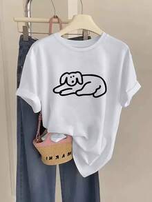 Women'S Minimalist Puppy Graphic T-Shirt - Soft Grey Short Sleeve Round Neck Casual Summer Top With Puppy Print, Breathable Fabric & Versatile Layering, Machine Washable Fit For All-Season, Ladies T Shirts - White - View 1
