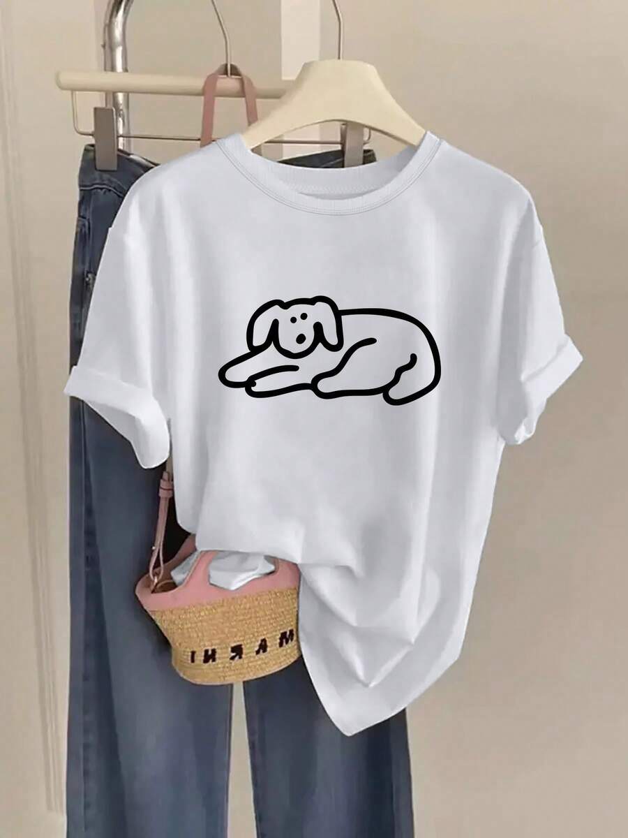 Women'S Minimalist Puppy Graphic T-Shirt - Soft Grey Short Sleeve Round Neck Casual Summer Top With Puppy Print, Breathable Fabric & Versatile Layering, Machine Washable Fit For All-Season, Ladies T Shirts - White - View 1