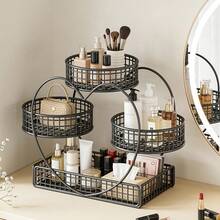 3-Tier Metal Cosmetic Storage Box, No Installation Required Makeup Organizer With Sleek Design For Dressing Table & Bathroom Countertop - 帶紙巾籃-白色 - 查看 5