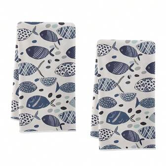 Blue Fish Design Pattern Kitchen Towel Gift, Super Absorbent, Cartoon Design, Machine Washable Reusable Hand Towel, Suitable For Home, Kitchen, Bathroom, Car, Window Cleaning - Soft Knitted Dish Cloth