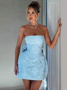 Valentine's Day Jacquard Strapless Tube Top Back Big Bow Ruched Waist Mini Party Dress - màu xanh da trời - Xem 4