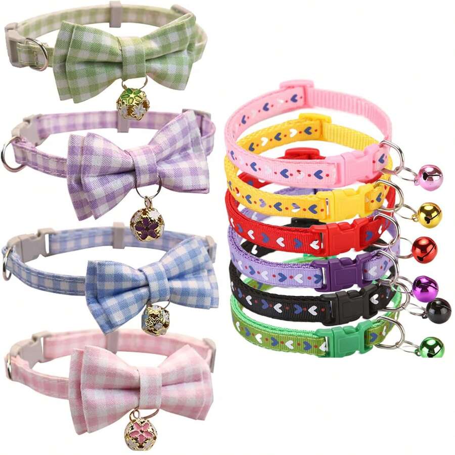 宠物项圈 格子蝴蝶结猫项圈 带铃铛 可调节项圈 幼犬幼猫可爱图案宠物用品 - 彩色 - 查看 1