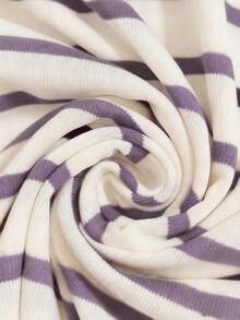 Women's Casual Striped Asymmetrical Shoulder Loose T-Shirt, Spring/Summer - Purple - View 5