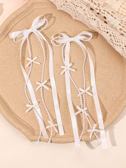 2pcs White Fabric Pearl Bow Barrettes, Elegant Hair Clips, Wedding Hair Accessories, Party Gifts