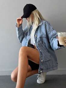 Women's Soft Oversized Denim Jean Jacket, Women's Spring Fashion Light Blue Comfortable Pocketed Outwear, Timeless Light Wash Relaxed Zip-Up Sports Jacket For Daily Layering, Western & Valentine/Christmas/New Years Outfit, Women Curve-Flattering Spring Summer Holiday Gift - 藍色 - 查看 4