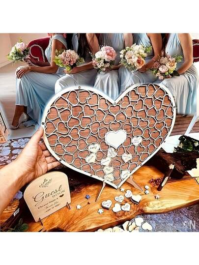 1 Bộ Sổ Lưu Niệm Hình Trái Tim Bằng Gỗ, Thanh Lịch & Độc Đáo, Lãng Mạn & Ấm Áp, Thích Hợp Cho Tiệc Cô Dâu, Đám Cưới, Kỷ Niệm, Sinh Nhật, Lễ Tốt Nghiệp. Cũng có thể dùng làm Quà Tặng Khách Mời.