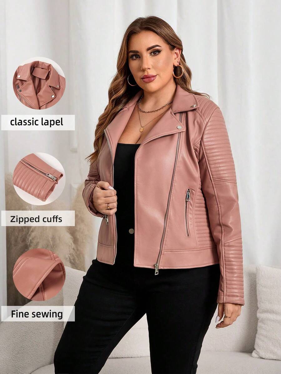 Women's Plus Size Street - Style Faux Leather Moto Jacket - Short PU Coat With Lining & Pockets, Casual Edgy Urban Wear Spring - Hồng - Xem 1