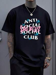 Graphic Cotton T-Shirt Graphic Featuring Bold Anti Social Club Text With Pink Graffiti Sad Boyz Lettering And Vivid Blue Butterflies Symbolizing Isolation And Transformation  Cotton Men Tshirt Y2K,Oversize Plus Size Men's S To 5XL,Summer Tee - 黑色 - 查看 1