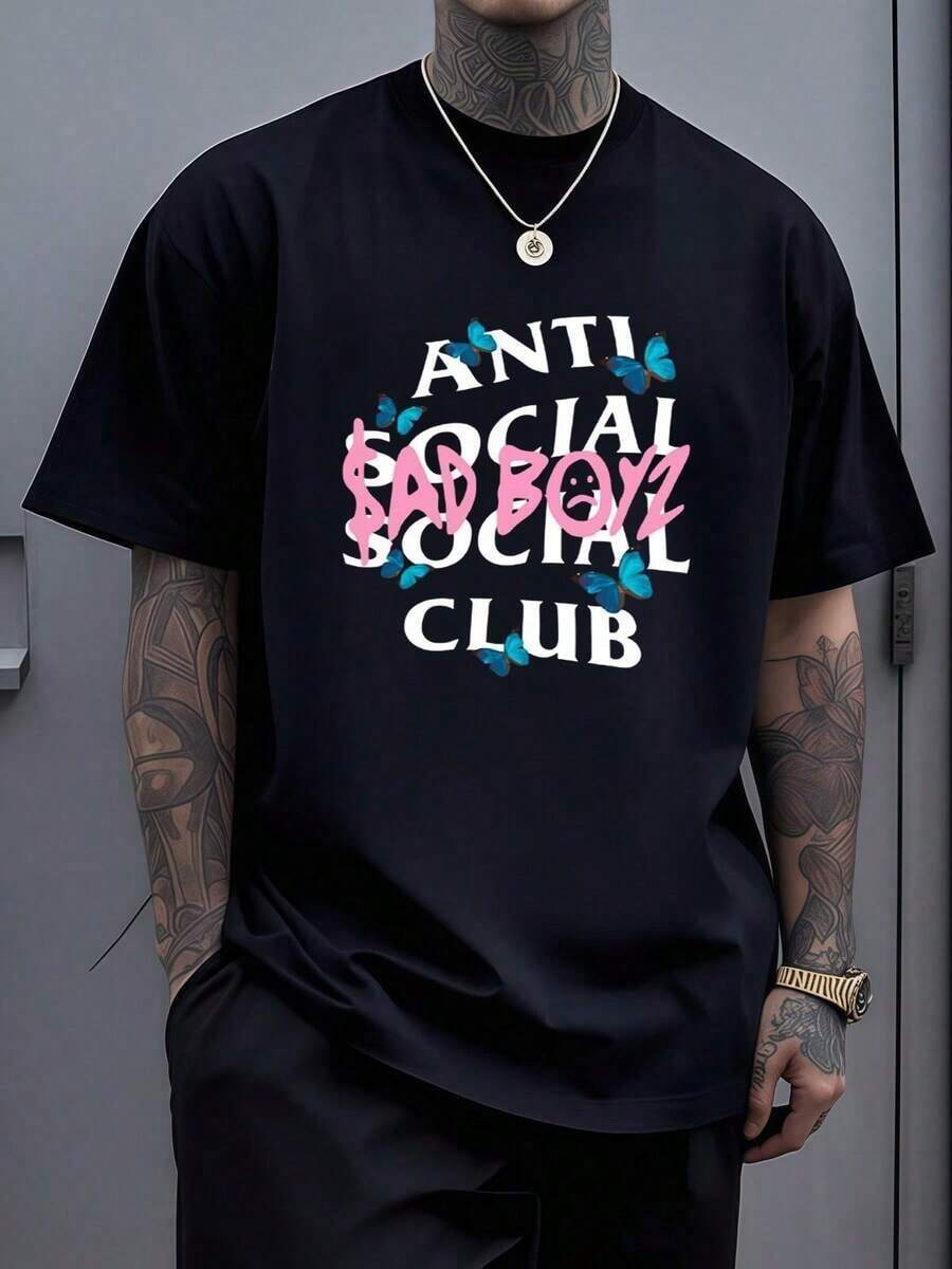 Graphic Cotton T-Shirt Graphic Featuring Bold Anti Social Club Text With Pink Graffiti Sad Boyz Lettering And Vivid Blue Butterflies Symbolizing Isolation And Transformation Cotton Men Tshirt Y2K,Oversize Plus Size Men's S To 5XL,Summer Tee - 黑色 - 查看 1