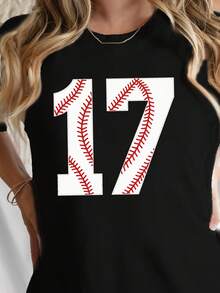 1pcsWomen's Black Baseball Stitched Number 17 Graphic T-Shirt - Short Sleeve Crew Neck Casual Top With Red & White Accents, Medium Stretch, Machine Washable, All-Season Comfort, Sports Fan Apparel, Sporty Style Tee, Fabric180g-100% Cotton Women's Casual T-Shirt: Perfect For Outdoor & Streetwear - màu đen - Xem 6