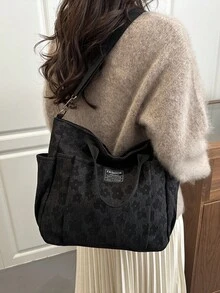 1 chiếc túi tote thời trang bằng polyester họa tiết hoa, dung tích lớn, có khóa kéo, thích hợp sử dụng hàng ngày vào mùa thu/đông. - màu đen - Xem 5